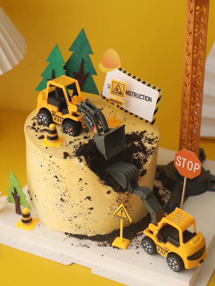 Décorations De Gâteau Chantier – 24 Pièces – Véhicules De Construction + Panneaux – Anniversaire Garçon, Thème Construction