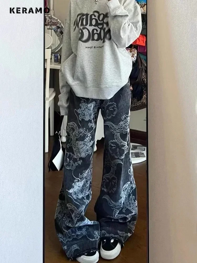 Y2K Baggy Dragon Print Denim Trouser Women's Washed Vintage