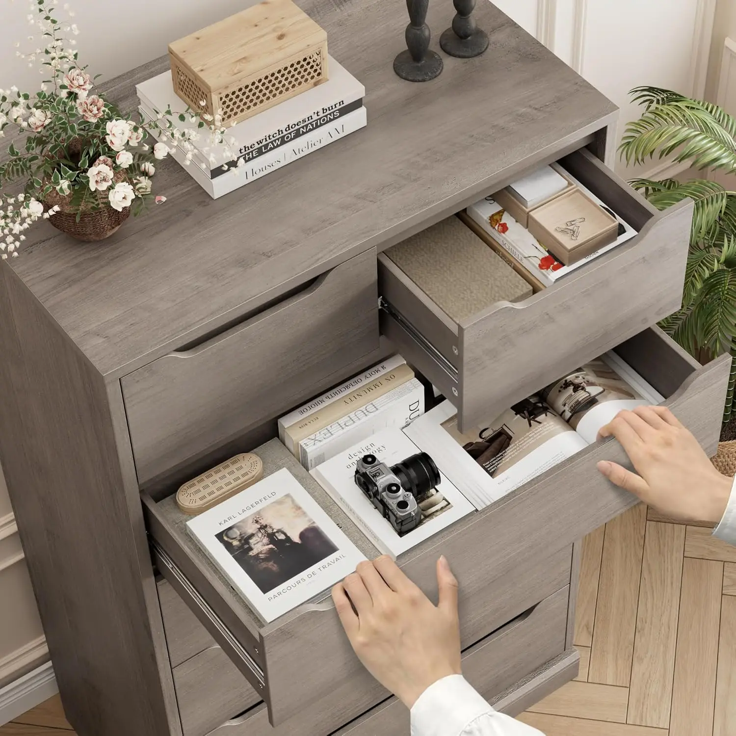 51" Tall 7 Drawers Dresser, Modern Grey Dresser, Wood Dressers & Chests of Drawers with Cut-Out Handles, Upright Drawer Chest