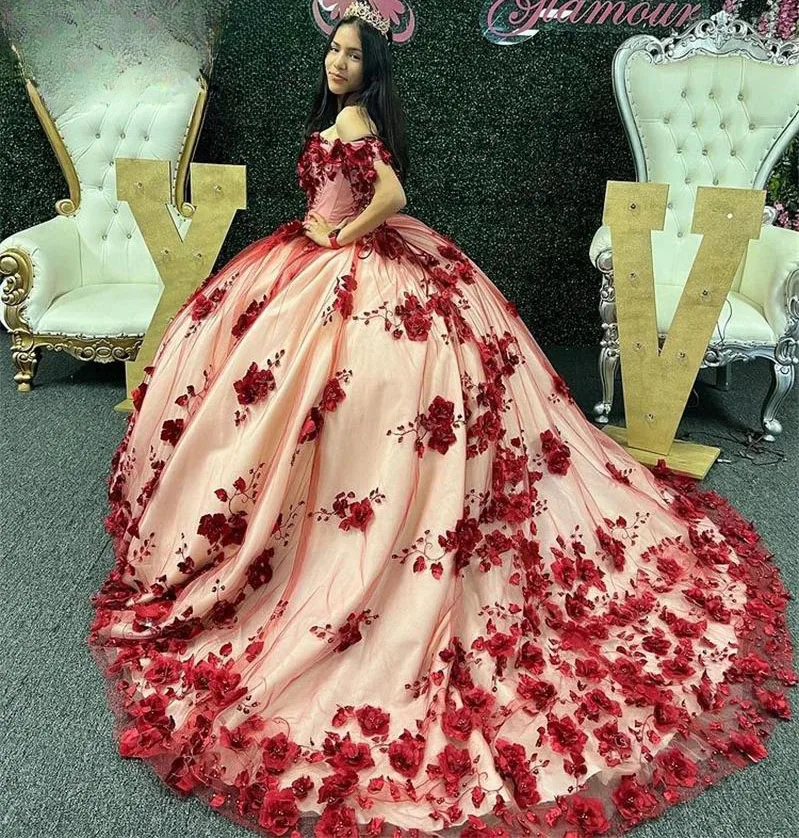 

Burgundy Princess Quinceanera Dresses Ball Gown Off The Shoulder Floral Pearls Sweet 16 Dresses 15 Años Custom