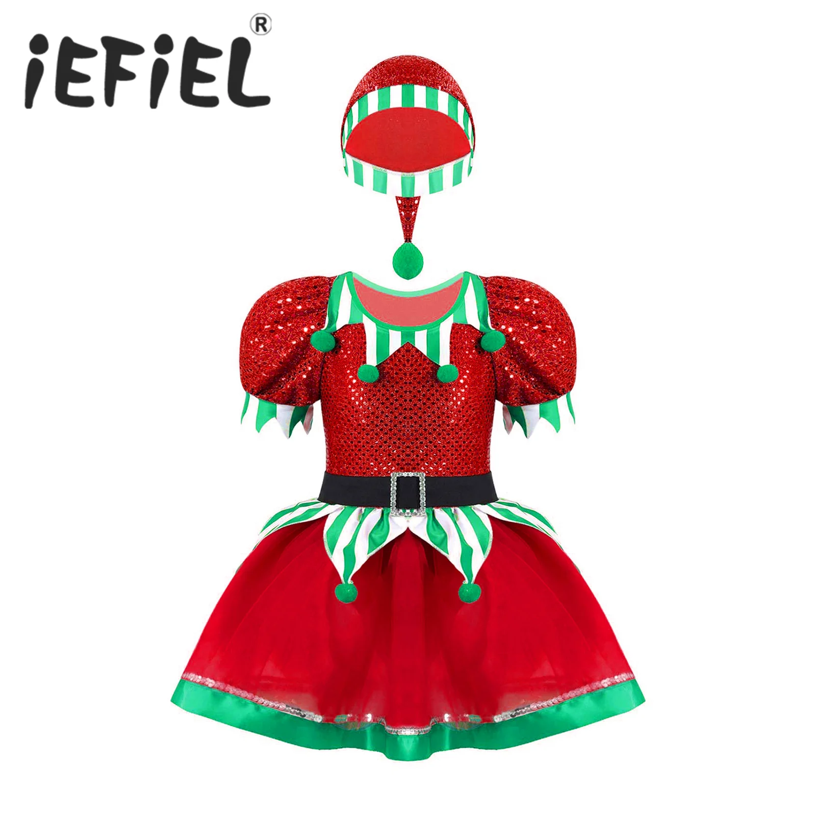 

Kids Girls Elf Cosplay Costume Christmas Xmas New Year Dress Sequins Pompoms Adorned Mesh Tutu Roleplay Party Dress with Hat