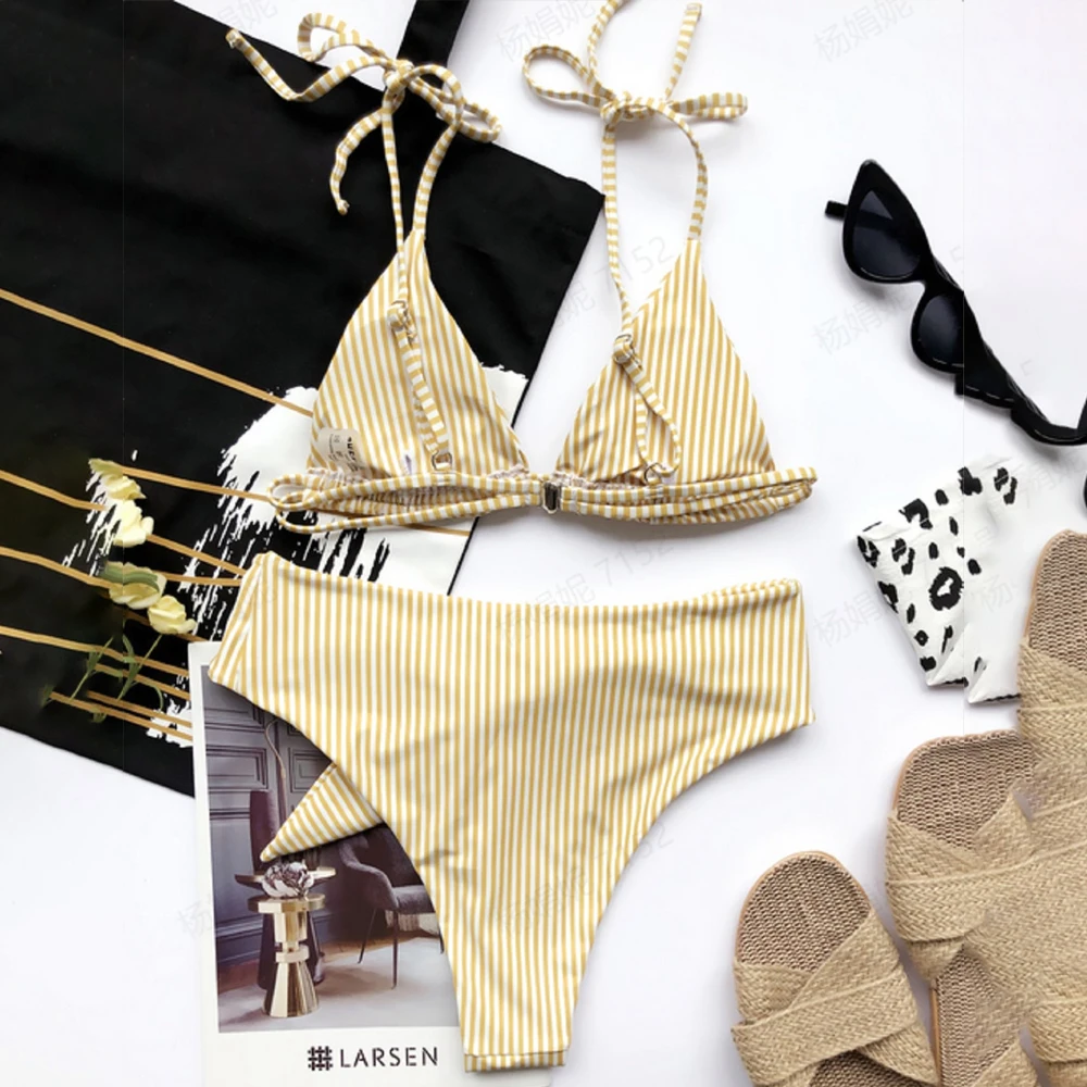 Striped Triangle Tie Shoulder Bikini Swimsuit Blackless SwimwearSexy V-Neck Biquini Solid Bathing Suit Bikini Set Beachwear