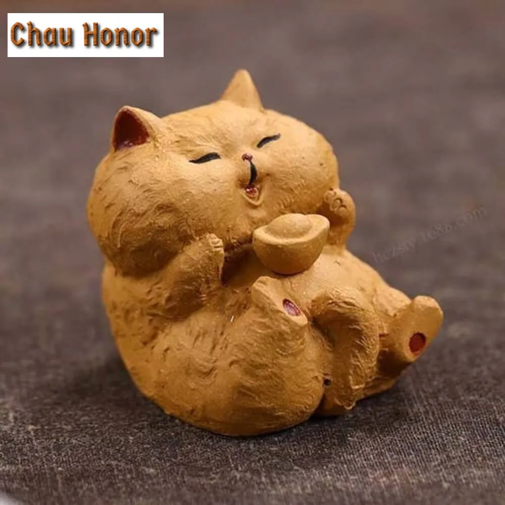 Creative Cat Purple Sand Tea Pet Handcrafted Lucky Ingot Cat Small Ornaments Tea Play Figurine Sculpture Accessories Decoration