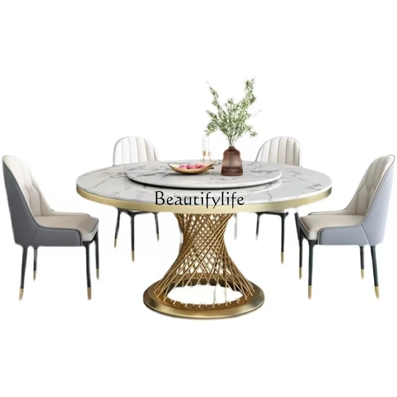 

Mild Luxury Marble Dining Tables and Chairs Set Modern Minimalist Stone Plate round Band Turntable Dining Table