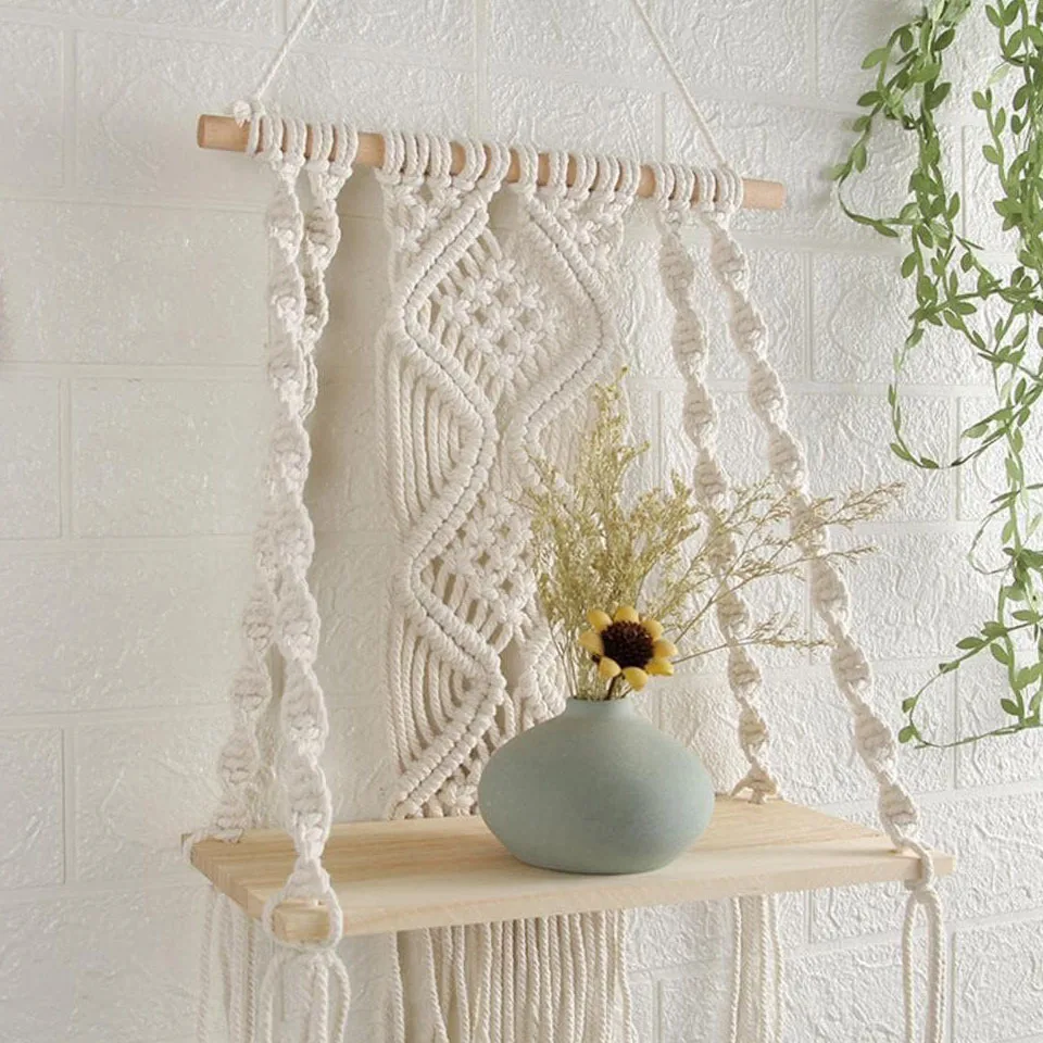 Boho Chic Macrame Wall Hanging Shelf - Woven Rope Plant Hanger for Stylish Decor & Versatile Storage