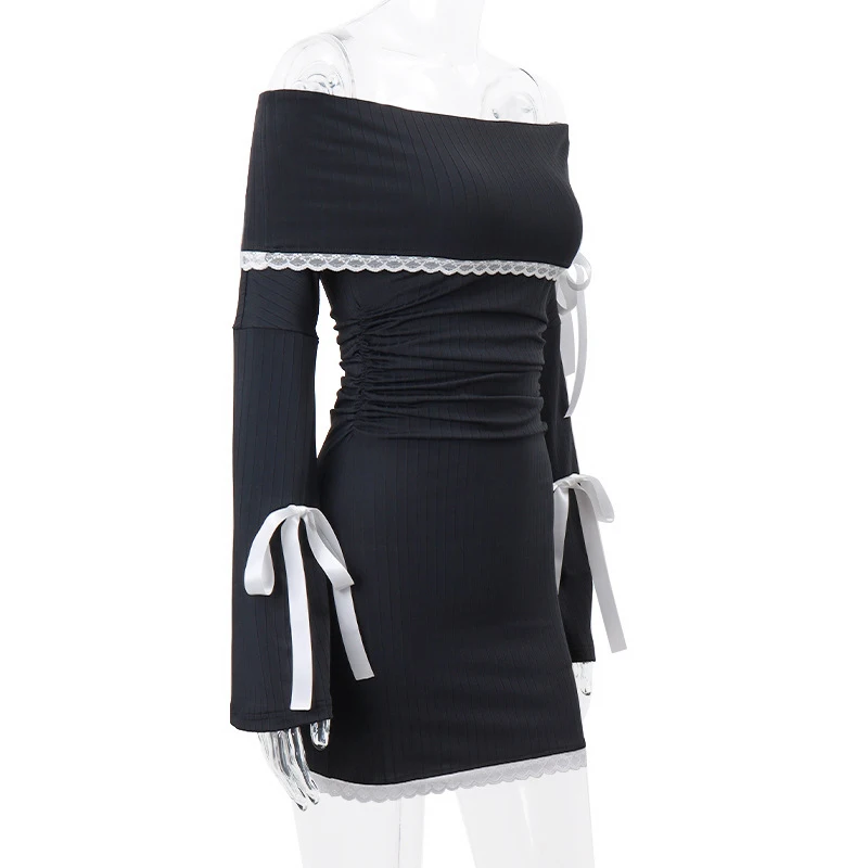 Vestido Fairycore Y2K para mujer, con encaje, hombros descubiertos, manga larga, ajustado, con lazo, para salir y fiestas.