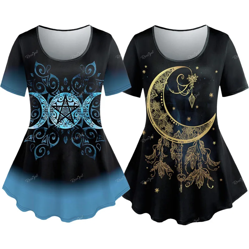 Plus Size Colorblock Moon Floral Figure Print T-shirt Female Spring