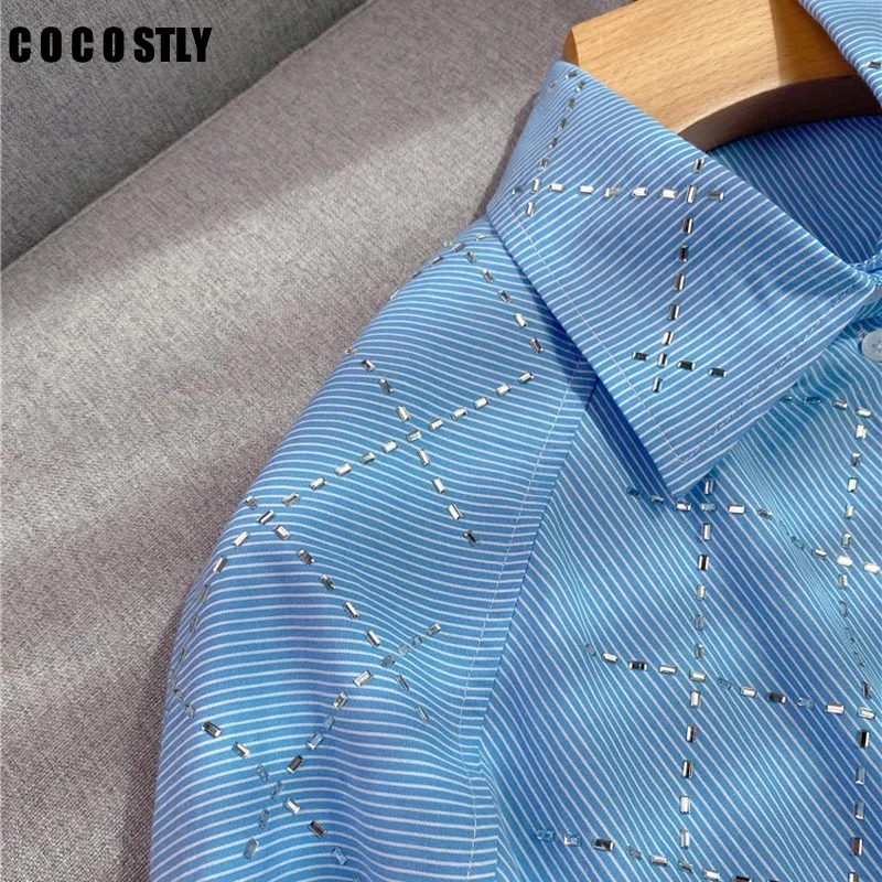 

Cocostly 2024 Spring Women Lapel Long Sleeves Single Breasted Diamond Decoration Stripe Shirt Office Lady Oversized Blouse Tops