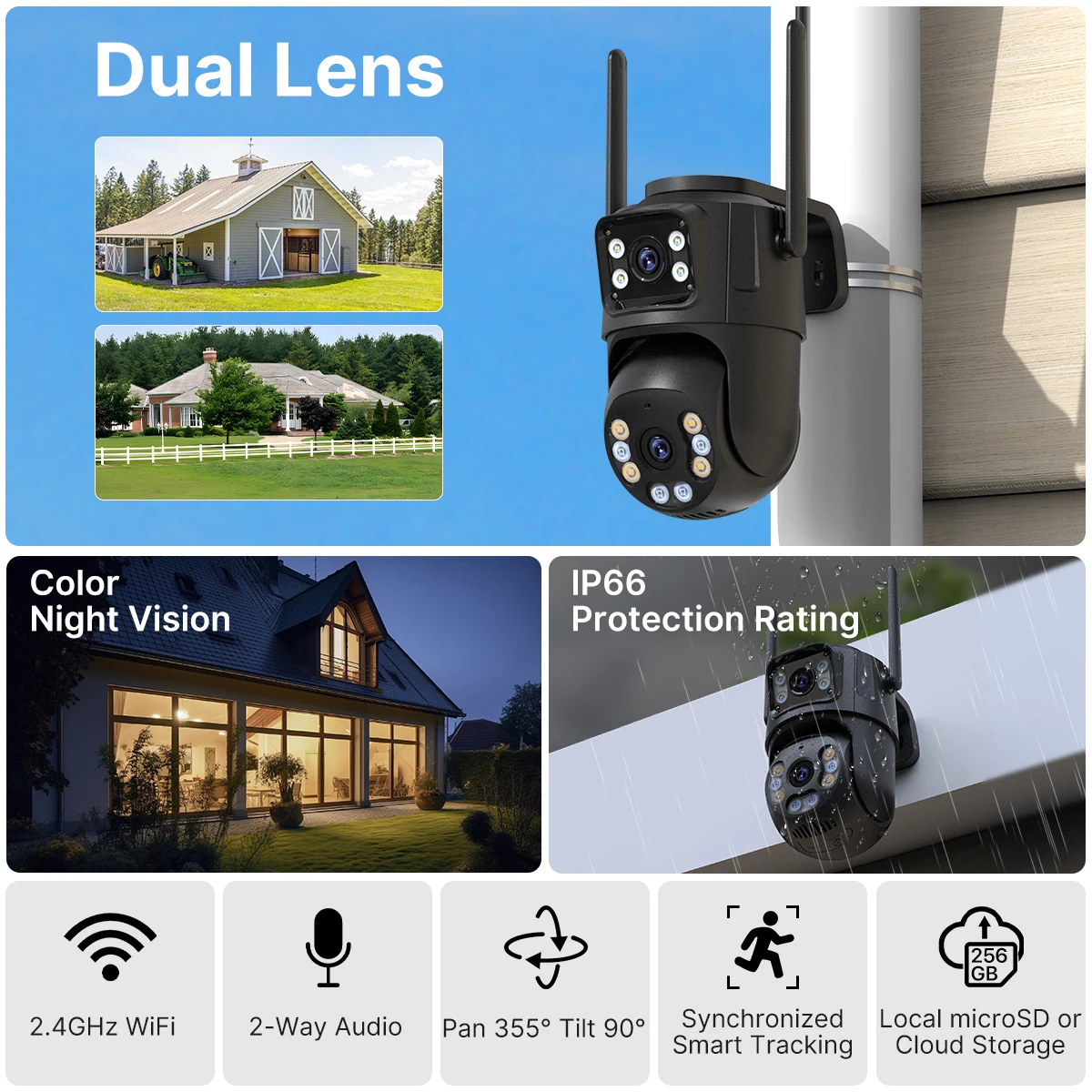 WONSADR Outdoor IP Camera With WiFi 5Ghz & 2.4Ghz PTZ Camera AI Human Detection Dual Screen CCTV Security Camera Audio iCSee APP 2