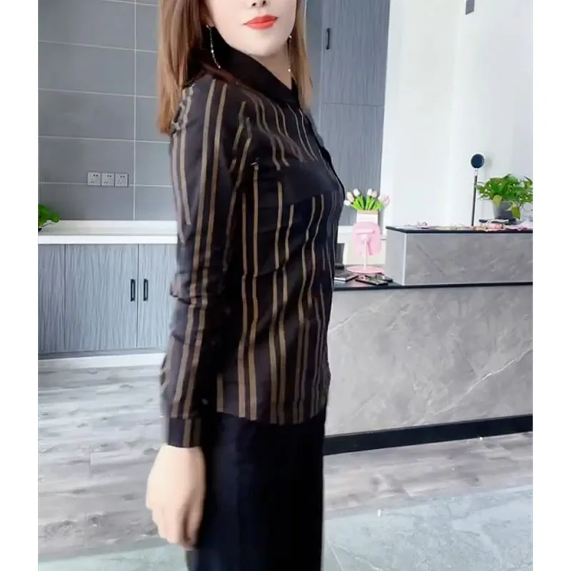 2024 Women's New Spring Autumn Spliced Stripe Polo-Neck Button Slim Fashion Simplicity Versatile Long Sleeve Premium Shirts Top