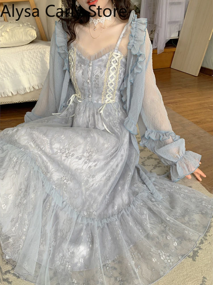 Summer Lace Vintage Straps Dress Women Chiffon Patchwork Casual Party