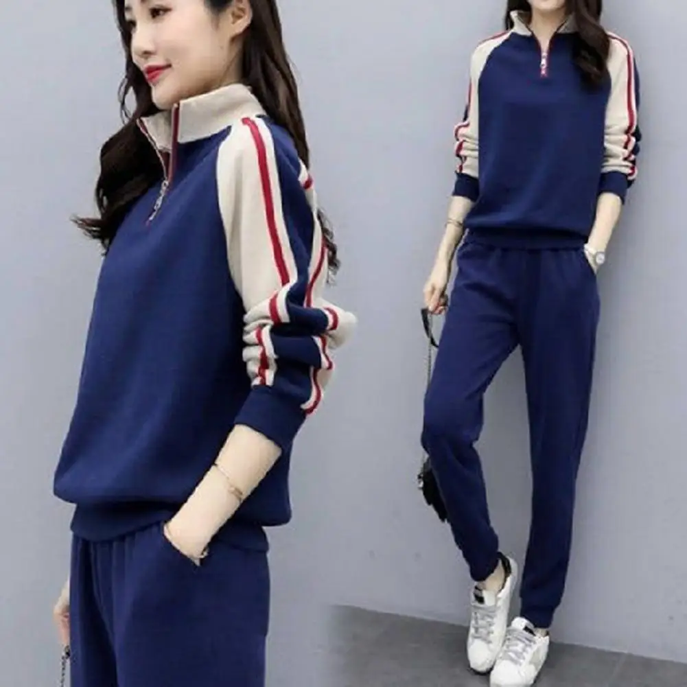

Fall Tracksuit Women's Color Matching Tracksuit Set with Stand Collar Sweatshirt Elastic Waist Pants for Fall Winter 2 Pcs Soft