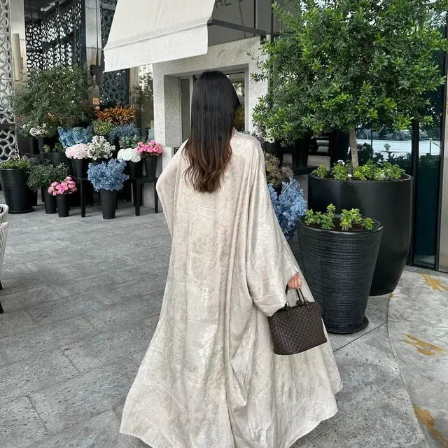 Robe longue en satin pour femmes, caftan musulman, kimono ouvert sur le devant, cardigan, Turquie, robes islamiques, vêtements arabes