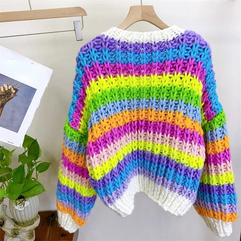 Cappotto maglione multicolore da donna fatto a mano arcobaleno