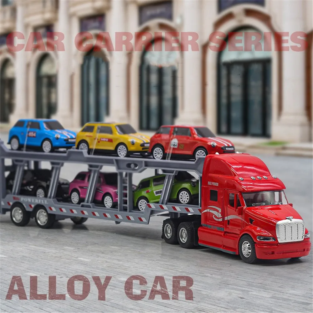 

1/50 Big Truck With Mini Alloy Diecast Car Model With Pull Back Sound Light Vehicles Carrier Transportation Truck Toys Kids Boys