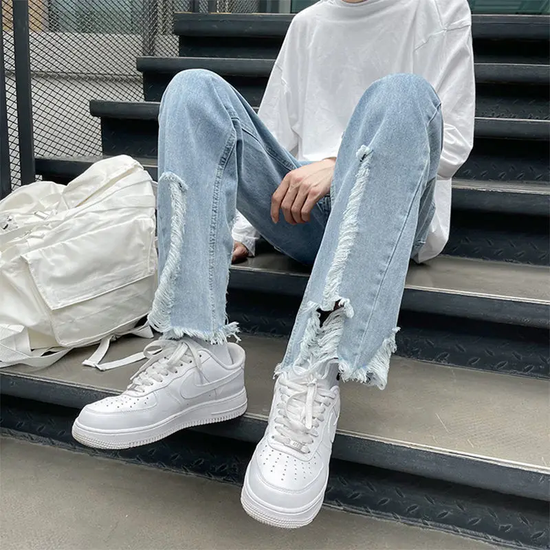 

2023 Autumn New Light Luxury Fashion Jeans Men Korean Casual Pants Loose Straight Wide Leg Pants Boutique Clothing Simple Style