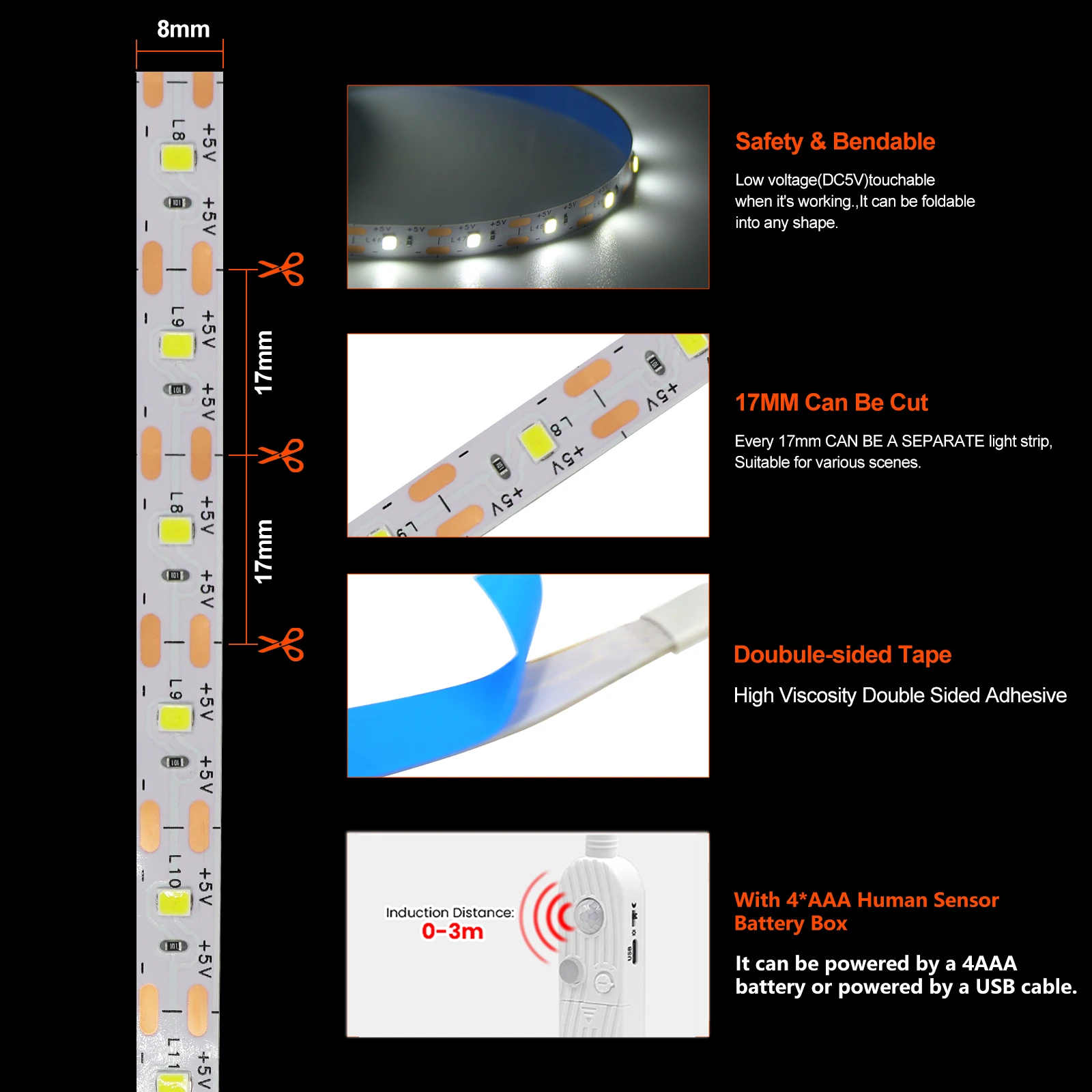 Motion-Activated LED Strip Light for Home Decor – Battery-Powered, Multi-Length Options