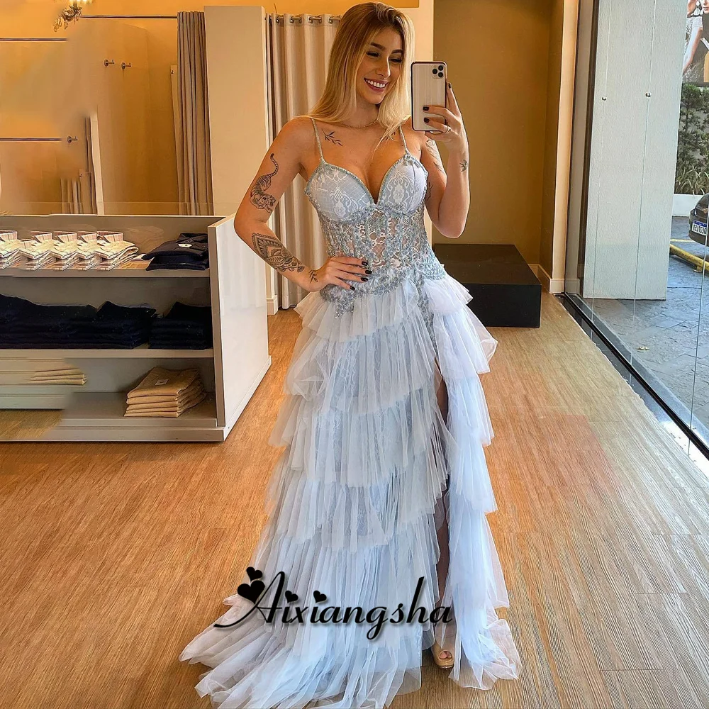 

Aixiangsha Trendy Straight Prom Dresses Spaghetti Straps V-Neck Appliques High Slit Saudi Arabric Vestidos de Gala Customized