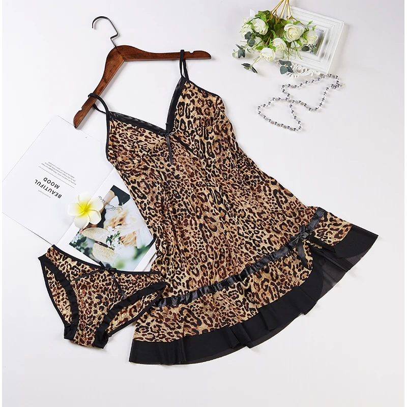 Leopard print ice silk suspender pajamas women's thin European and American sexy large size home mesh underwear nightgown women lingerie women nightgowns women nightdresses women pajamas sleeping dress