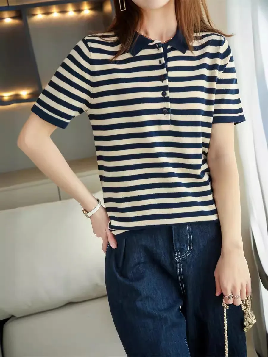 

Летняя полосатая футболка LDZWSM с коротким рукавом, женская трикотажная Базовая Повседневная Блузка, Женская удобная свободная хлопковая футболка