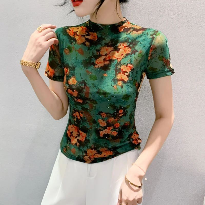 

#6960 Tie Dye Printed T Shirt Women Diamonds Sexy Tight Short T-shirt Female Vintage Mesh Women's Tee Shirt Thin Summer 2023