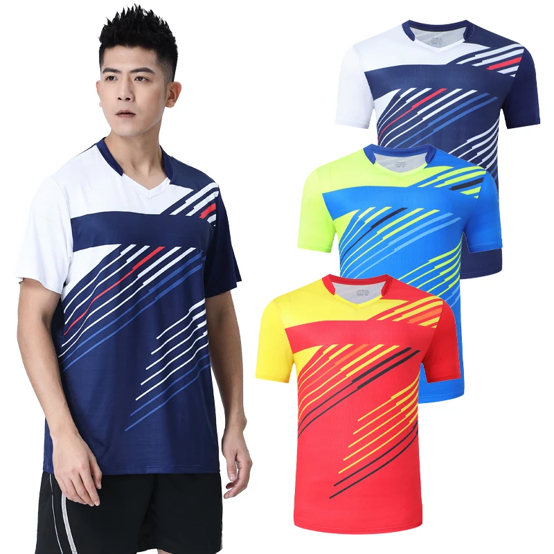 Men Tennis Shirts Breathable Badminton T-shirts Quick Dry Team Sports Short Sleeve V- Collar Training Shirts Ping Pong Jerseys