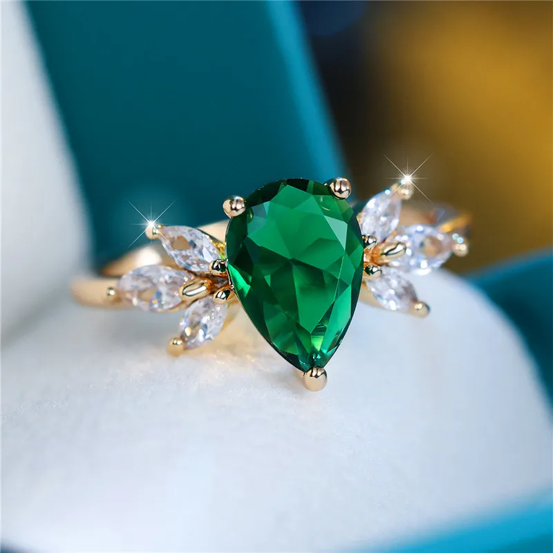 Cute Female Pear Cut Green Zircon Stone Water Drop Ring Charm Gold Color Wedding Jewelry For Women wedding rings,womens ring,jewelry rings,ring jewelry