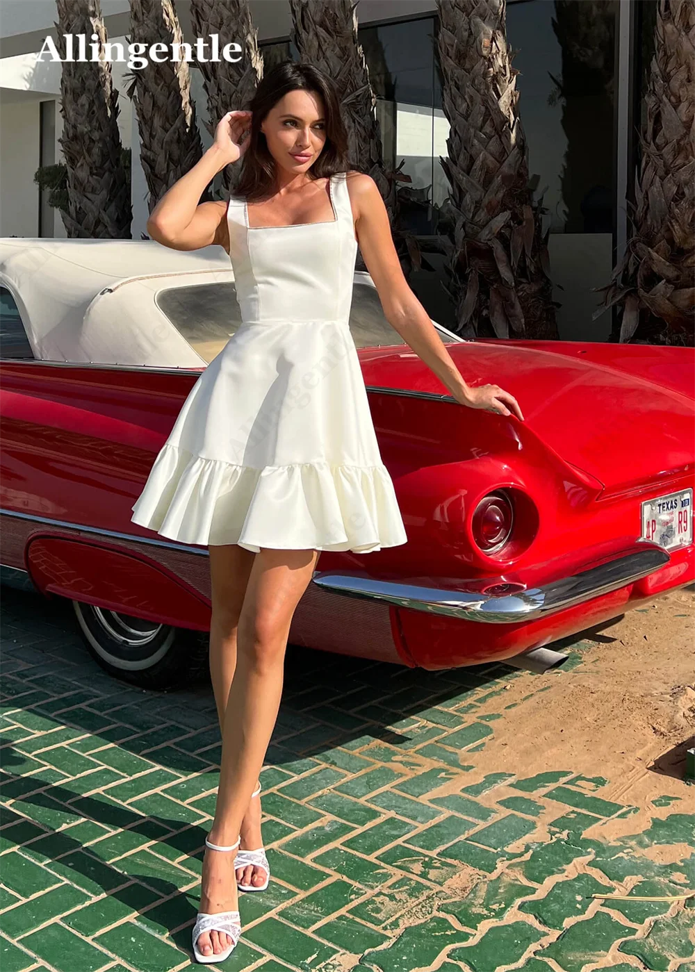 Allingentle Charming Short Sqaure Collar Homecoming Dresses 2023 Ivory Satin Knee Length Ruffles Party Prom Ball Gown CustomMade