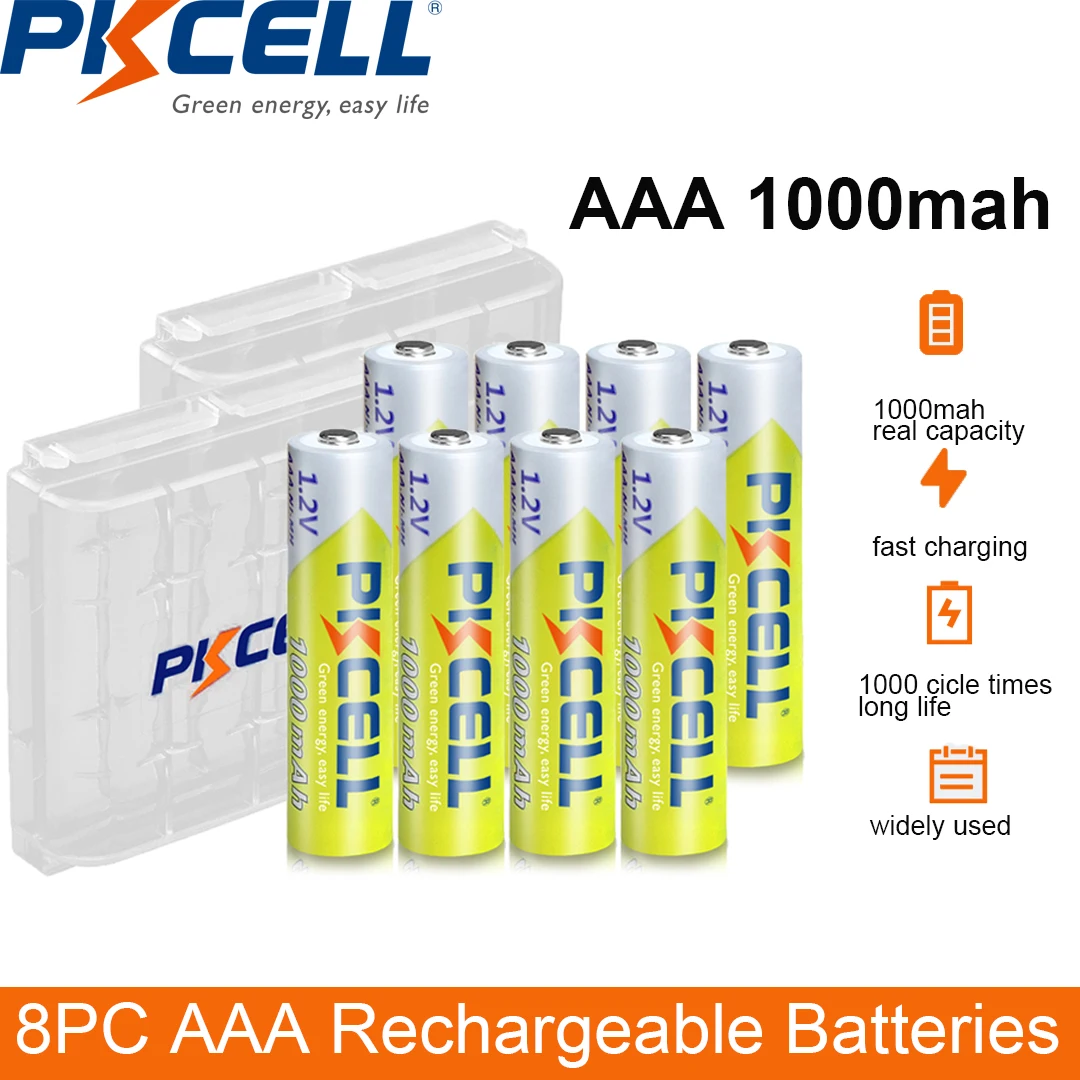 8PC PKCELL AAA Battery 1.2V NiMH AAA Rechargeable Batteries 1000mah aaa Clock Toys mouse battery And 2PC AAA/AA Battery Holder