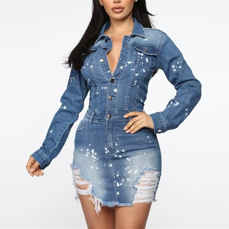 

Sexy Long Sleeve Jeans African Women Dress Fashion Hollow Out Denim Dress Female Streetwear Bodycon Shirt Dress Vestido De Mujer