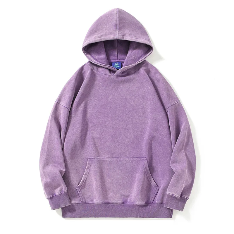 New Washed Retro Distressed Pure Cotton Hoodie for Men and Women, Solid Color Pullover, Fashionable Casual Hooded Sweatshirt 2