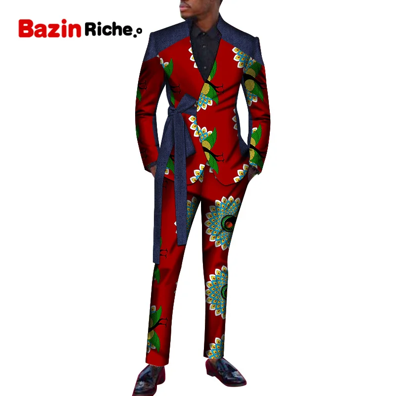 

Fashion African Blazer 2 Pieces Suit Men Wedding Party Patchwork Top Match Long Trousers Sets Plus Sizes Custom Clothing WYN1378