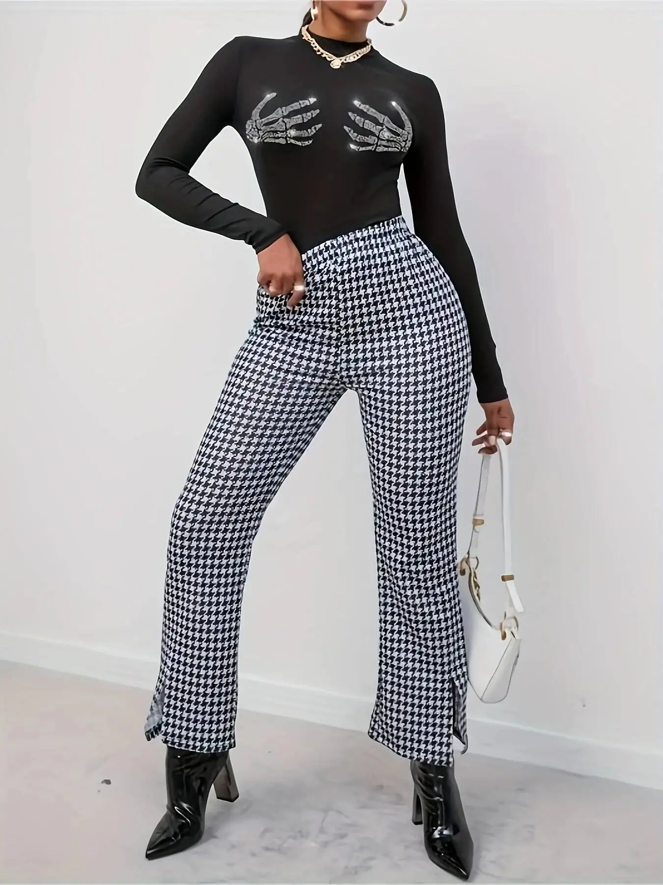 Damen T-Shirt Frühling Sommer Schwarz Rollkragen Langarm Transparentes Netz Strass Skelett-Hand Figurbetont Edgy Stylisch Tägliches Casual Top – Detail 4