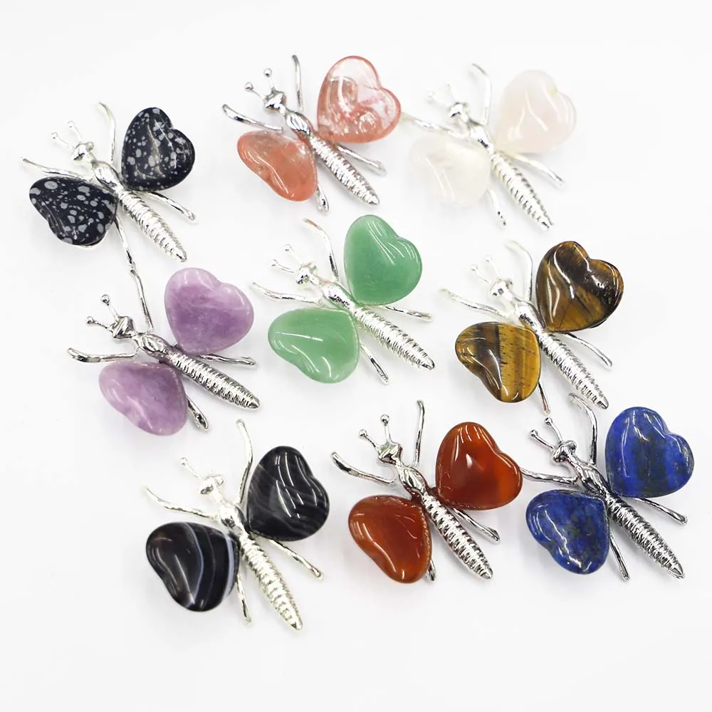 New Natural Stone Multicolor Heart Silver Butterfly DIY Crystal Wing Animal Ornaments Charms Jewelry Accessories Wholesale 12Pcs