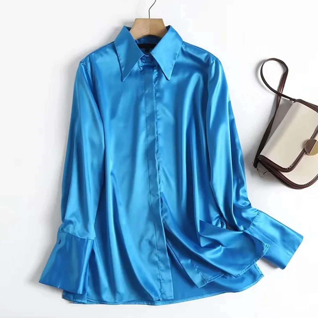 Withered 2024 England Style Blue Color Satin Fashion Shirt Shine Casual Blouse Women Tops