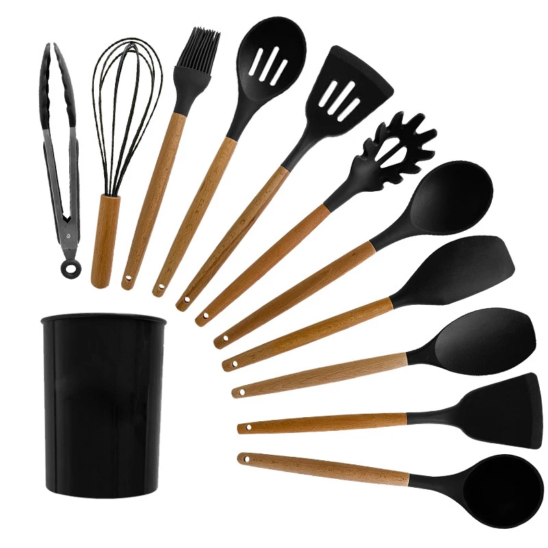 

Silicone Kitchenware Non-Stick Cookware Kitchen Utensils Set Spatula Shovel Egg Beaters Wooden Handle Cooking Tool Set