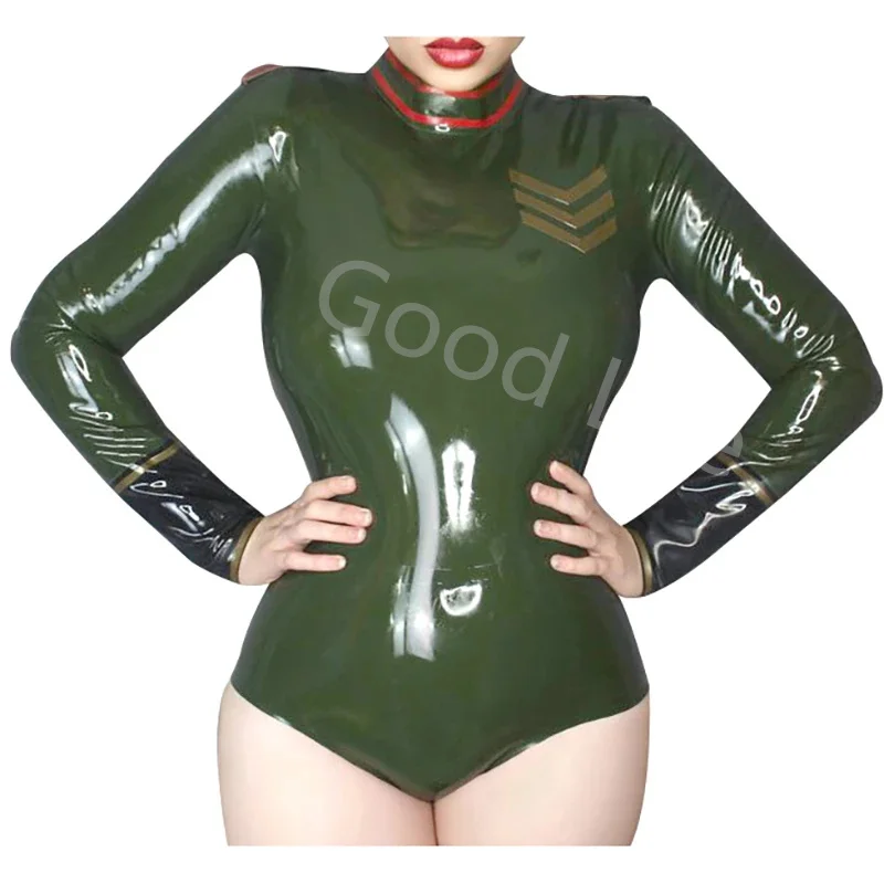 

Handmade Latex Jacket Jumpsuit Army Green with Red with Back Zip Cosplay Costumes Party Club Wear for Women