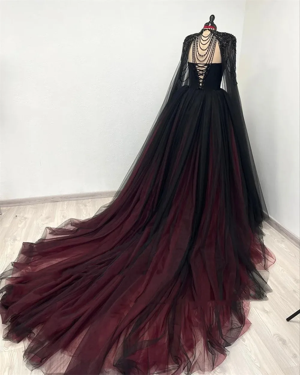 Strapless Wedding Dresses With Maroon Accents Black Wedding Dresses Gown  Vestido Capa Negro Gothic Wedding Dress Sequins Cape Sleeve Ball Gown  Handmade
