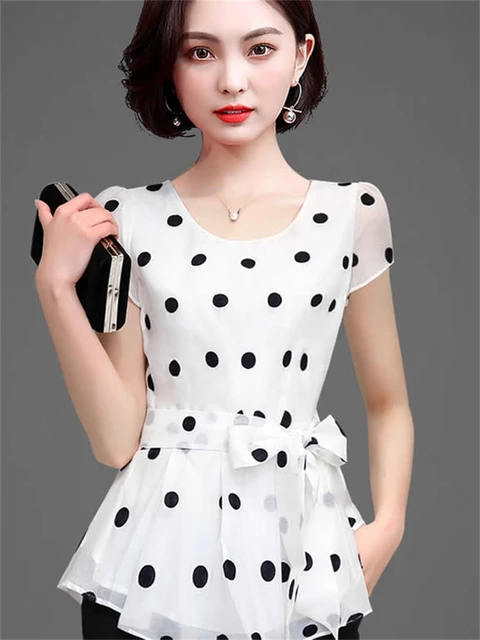 Blouse Short Sleeve Polka Dot Women  Women Chiffon Polka Dot Blouse - Dot  Print - Aliexpress