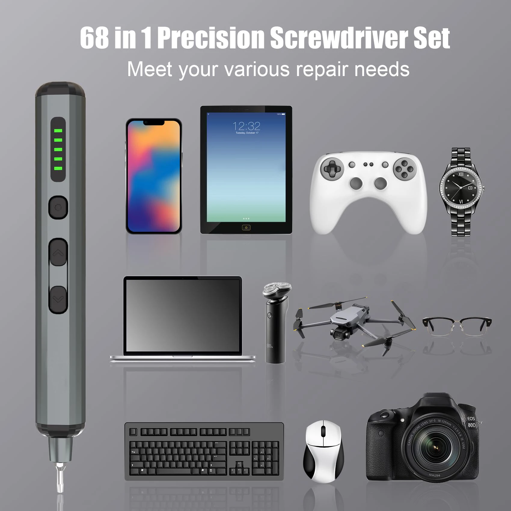 Mini Precision Electric Screwdriver Set 68 in 1 Power Repair Tool with 64 Magnetic Torx Phillips Drill Bits 5 Torque Settings 6