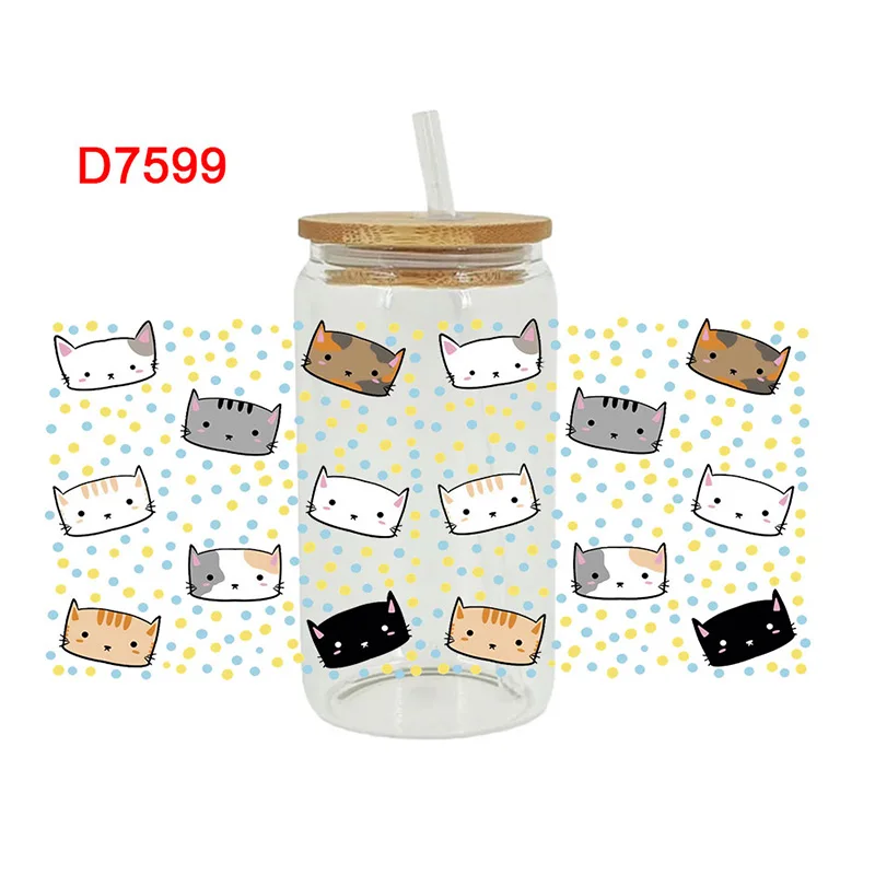UV DTF Bear horse cat dog Transfer Happy Juice Printed Sticker For 16oz Libbey Glasses Wraps Bottles D7510 Adhesive Vinyl Stickers