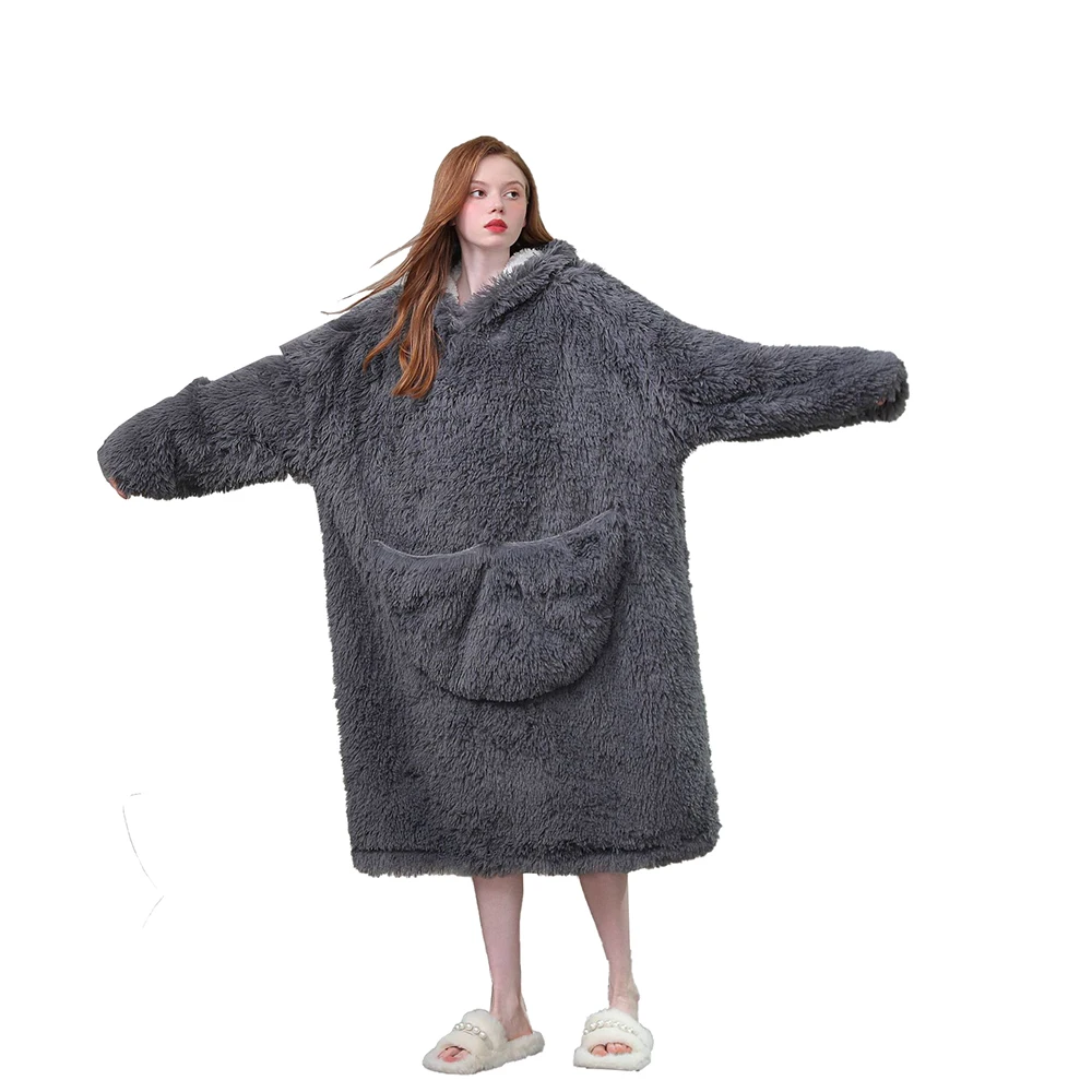 Autumn And Winter Flannel Pajamas New Thickened Warm Home Clothes Casual Loose Pajamas Hooded Plush Lazy Clothes TV Blanket