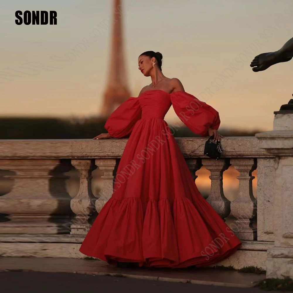 

SONDR Luxury Red Taffeta Evening Dresses 2024 Ball Gown Puffy Sleeves Prom Gowns Elegant Party Dresses Vestido De Noiva
