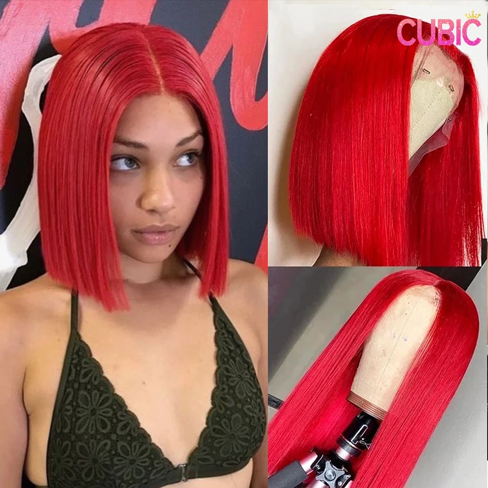 

Hot Red Colored HD Transparent Short Bob Human Hair Wigs Peruvian Red Straight 13x4 Lace Front Wig For Women PrePlucked Glueless