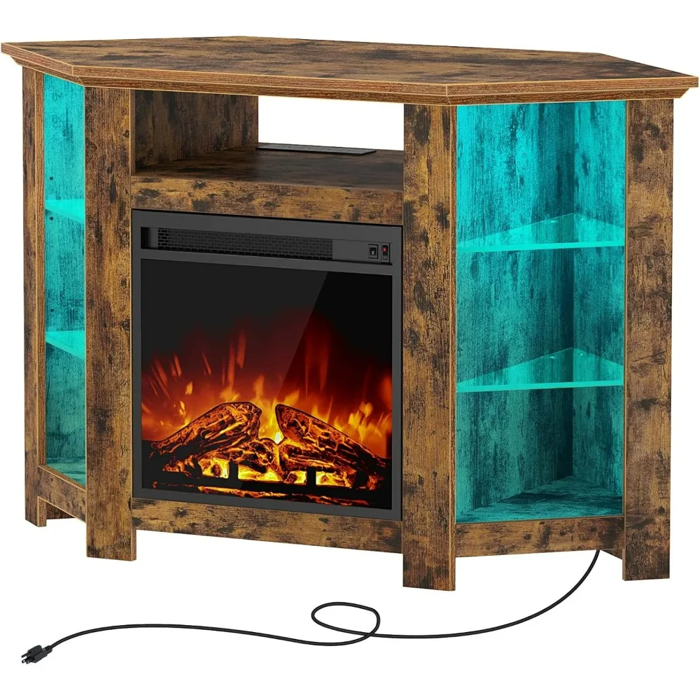Fireplace Corner TV Stand, 47 Inch TV Stand with Power Outlets and LED Lights, Rustic TV Console, Entertainment Center Living 6