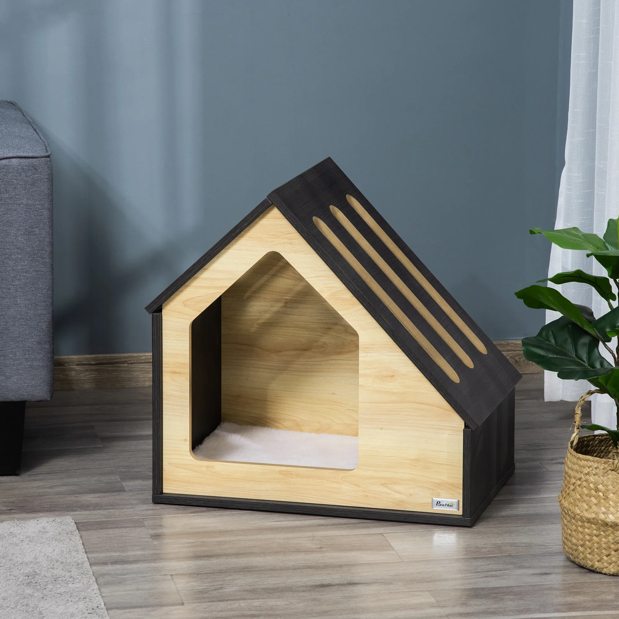 Wooden Dog House Cozy Indoor Cat Cave & Dog Sleeping Place with Cushion, for Small Dogs up to 8 kg, 60 x 40 x 59.2 cm