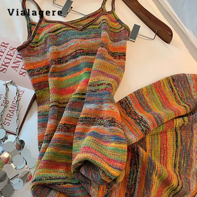 

Vintage Sexy Backless V-Neck Rainbow Knitting Suspender Dresses For Women 2023 Summer High Waist Hotsweet Beach Club Dress