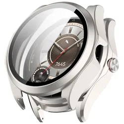Premium Tempered Glass Case with Full Cover Screen Protector for Smartwatch Protective Accessories (Silver)