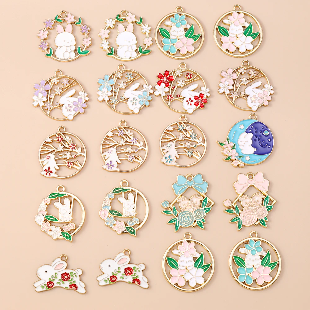 Leslie 10 Stück goldfarbene Blumen-Kaninchen-Charms für Ohrringe, Emaille-Kaninchen-Blumen-Hasen-Charms und Anhänger, handgefertigte Schmuckherstellung