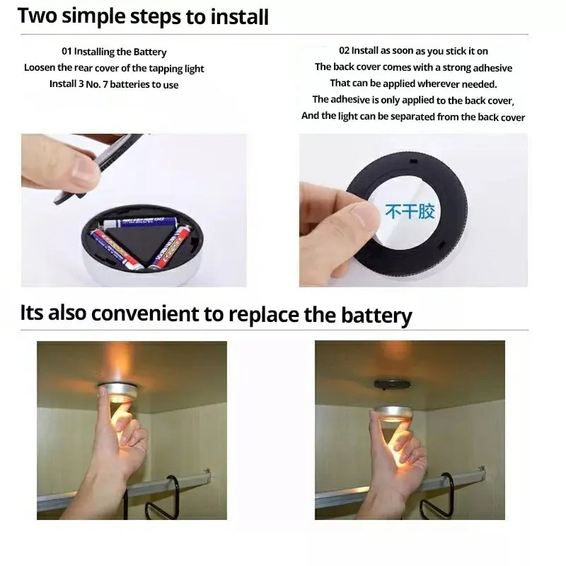 LED Night Light Creative Round Touch Lamp 3led Hand Pressing Car Bedside Wardrobe Reading 2pcs